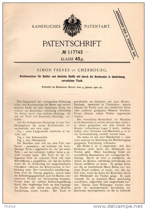 Original Patentschrift - S. Freres In Cherbourg , 1900 , Machine De Malaxage Pour Le Beurre, Les Produits Laitiers !! - Machines