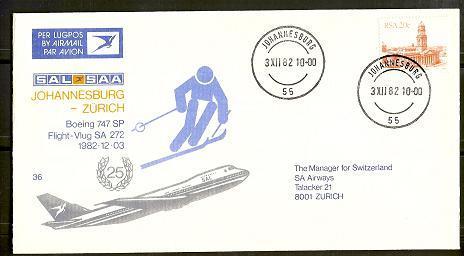 SOUTH AFRICA AIRWAYS 1982 Cover 36 JHB-Zurich  F2246 - Airplanes