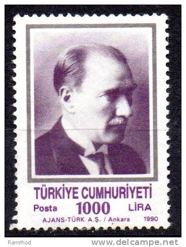 TURKEY 1990 Kemal Ataturk -1000l. - Mauve And Grey    FU - Usados
