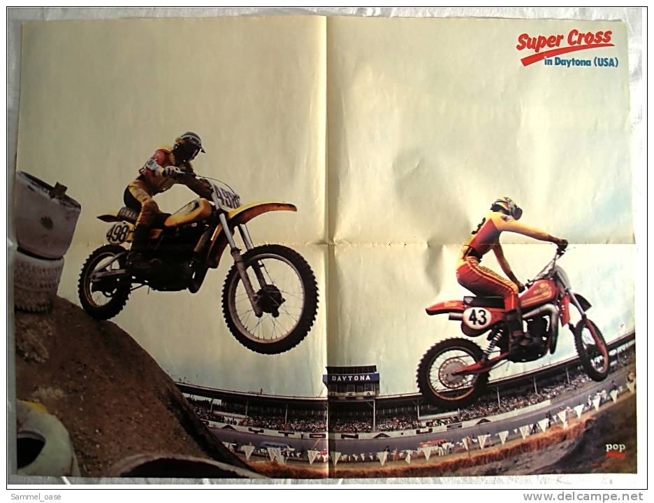 Motorrad Poster :  Super Cross In Daytona USA  -  Rückseite : Farrah Fawcett-Majore  -  Ca. 1982 Aus Der Pop-Rocky - Motorräder