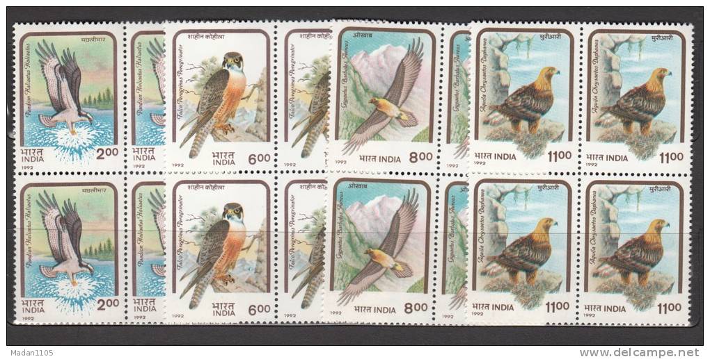 INDIA, 1992,  Birds Of Prey, Set 4 V,  Blocks Of 4, , MNH, (**) - Ungebraucht