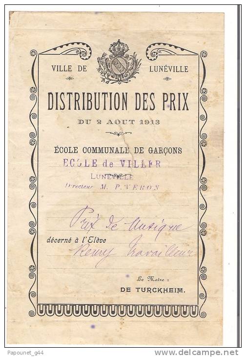 Ville De Lunéville Distribution Des Prix  ( Prix De Musique ) 1913 Ecole Communale De Garçons - Diplômes & Bulletins Scolaires