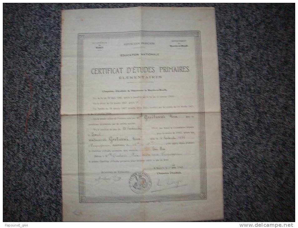 Académie De Nancy Diplôme Certificat D'Etudes Primaires 1940 - Diplomi E Pagelle