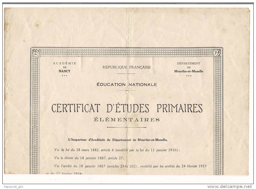 Académie De Nancy Diplôme Certificat D'Etudes Primaires 1940 - Diplômes & Bulletins Scolaires
