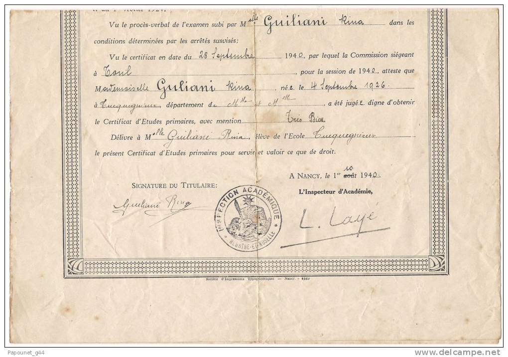 Académie De Nancy Diplôme Certificat D'Etudes Primaires 1940 - Diplomi E Pagelle