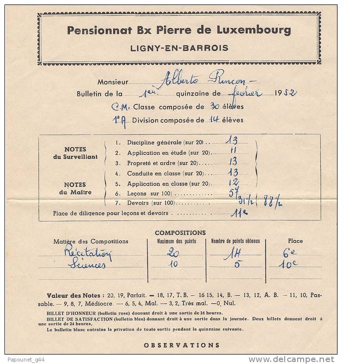 Lot De 9 Bulletins Scolaires 1952 Pensionnat Bx Pierre De Luxembourg ( Ligny - En - Barrois ) - Diplômes & Bulletins Scolaires