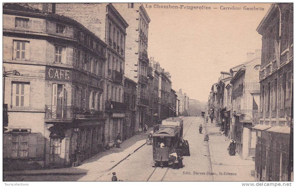 CPA 42 @ LE CHAMBON FEUGEROLLES @ Carrefour Gambetta  - Tramway En 1927 @ TRAM PUB Savon Sunlight - Le Chambon Feugerolles