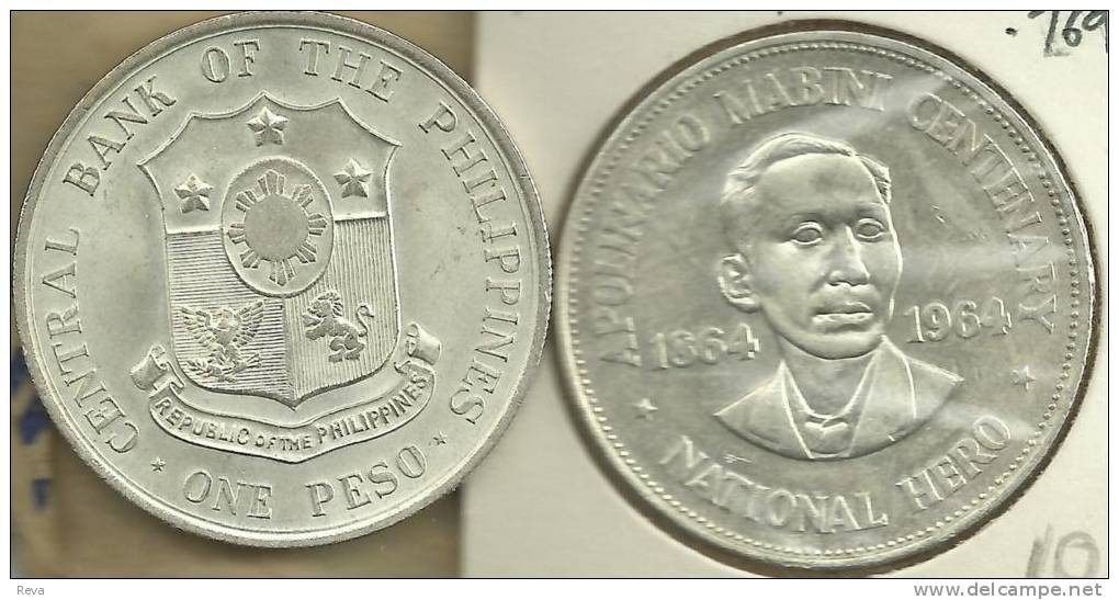 PHILIPPINES 1 PESO EMBLEM FRONT BONIFACIO BACK 1964 UNC AG SILVER KM194 READ DESCRIPTION !! - Philippinen