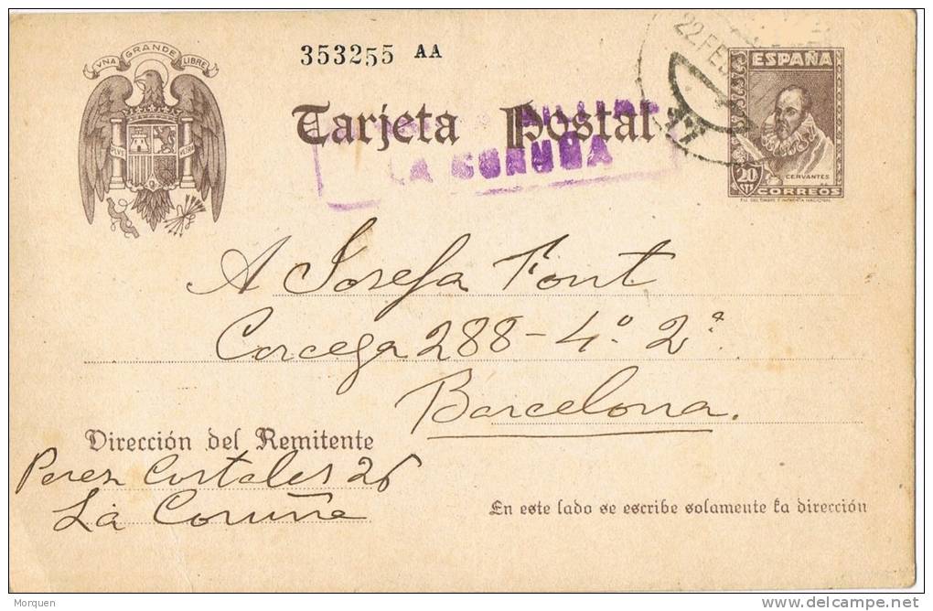 2905. Entero Postal CORUÑA 1939. Censura Militar, Num 83 º - 1931-....