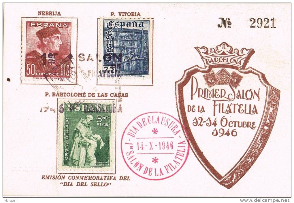 2913. Tarjeta Privada Salon Filatelia Barcelona 1946, DIA De CLAUSURA - Lettres & Documents