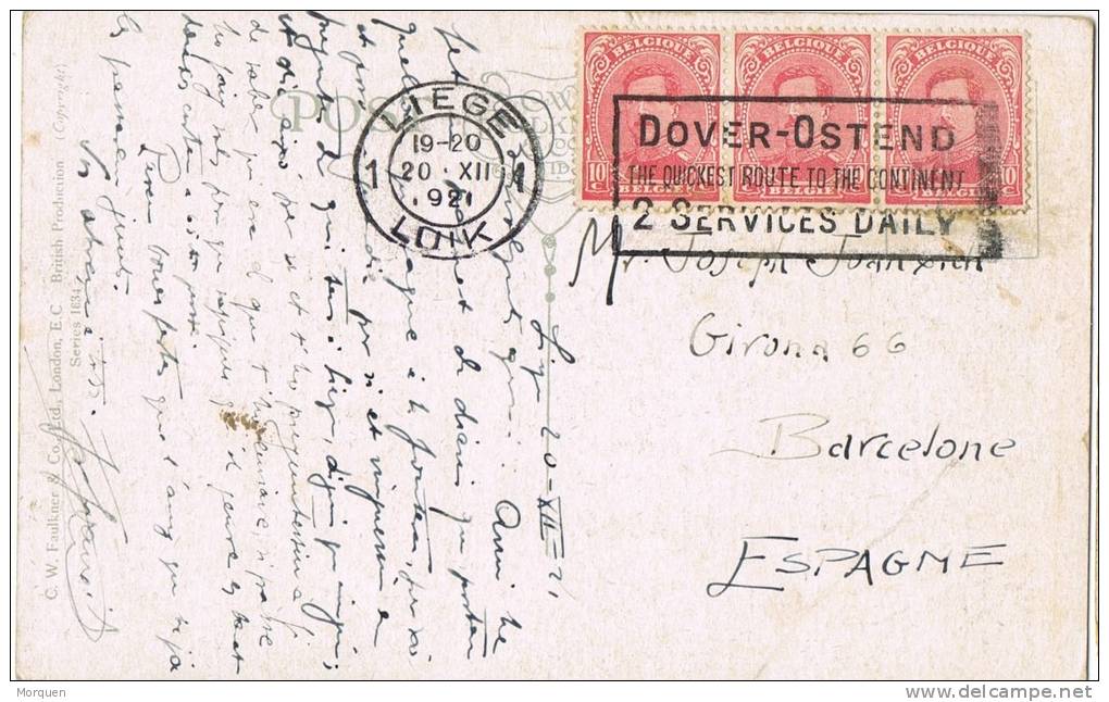 2917. Postal LIEGE (Belgica) 1921, Route Dover Ostend ( 2 Services Daily) - Cartas & Documentos