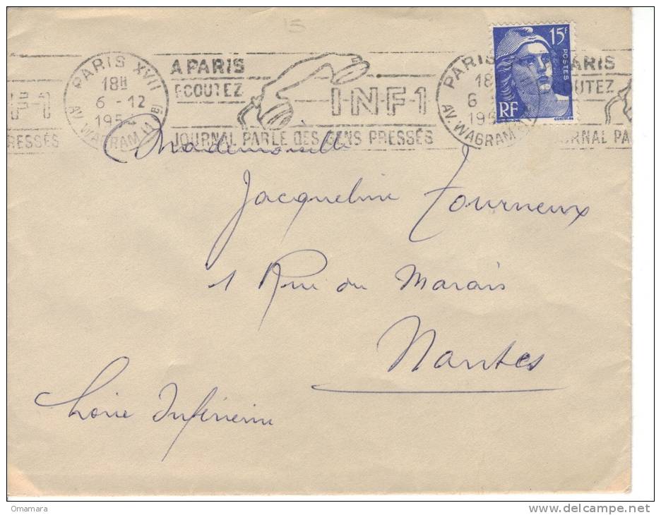 FRANCE   MARIANNE DE GANDON N° 886  R.B.V  TELEPHONE A PARIS ECOUTEZ INF1 JOURNAL - 1945-54 Marianne Of Gandon