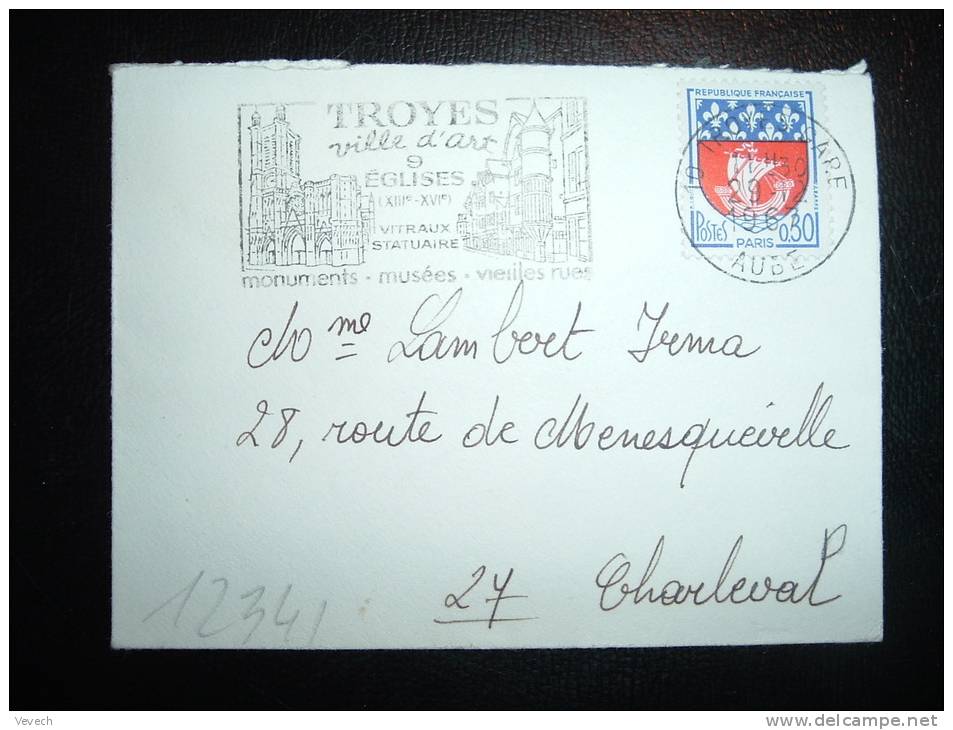 LETTRE MIGNONNETTE TP BLASON DE PARIS 0,30F OBL.MEC. 29-12-1967 TROYES-GARE (10 AUBE) - 1941-66 Coat Of Arms And Heraldry