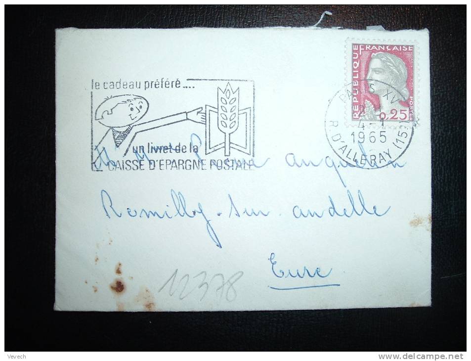 LETTRE MIGNONNETTE TP MARIANNE DE DECARIS 0,25F OBL.MEC. 4-1-1965 PARIS XV (75) - 1960 Marianne Of Decaris