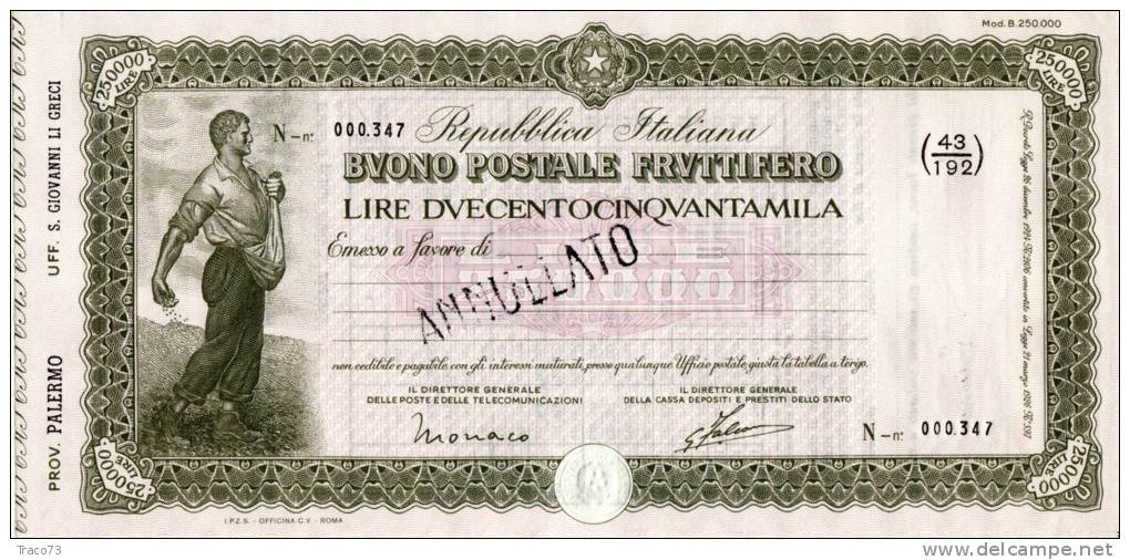 BUONO POSTALE FRUTTIFERO /  LIRE 250.000  - Frazionario 43/192  _ Annullato - Altri & Non Classificati