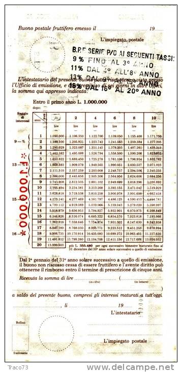 BUONO POSTALE FRUTTIFERO /  LIRE 1.000.000 -  Sovrastampato Serie P/O - Frazionario 43/169  _ Annullato - Altri & Non Classificati