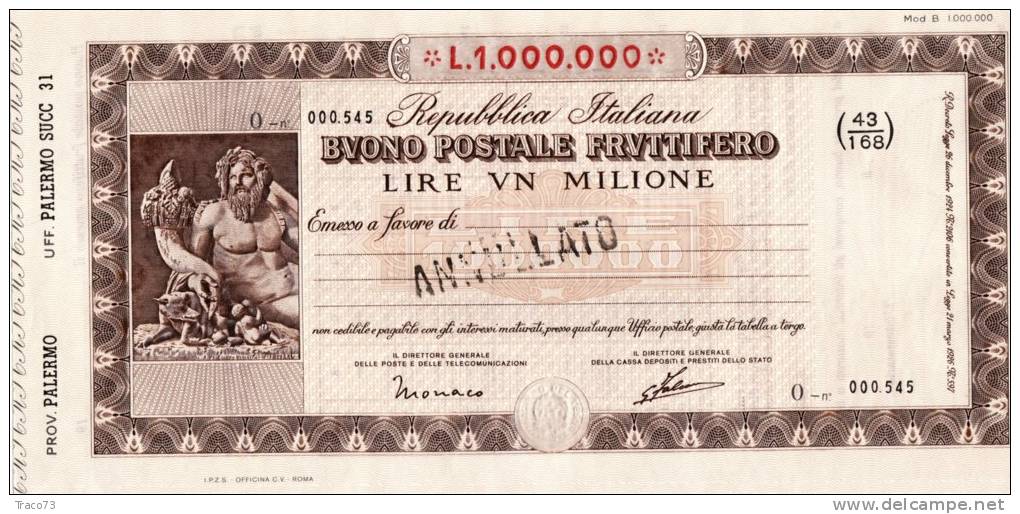 BUONO POSTALE FRUTTIFERO /  LIRE 1.000.000  - Frazionario 43/168  _ Annullato - Altri & Non Classificati