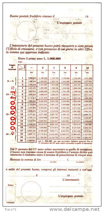 BUONO POSTALE FRUTTIFERO /  LIRE 1.000.000  - Frazionario 43/168  _ Annullato - Altri & Non Classificati