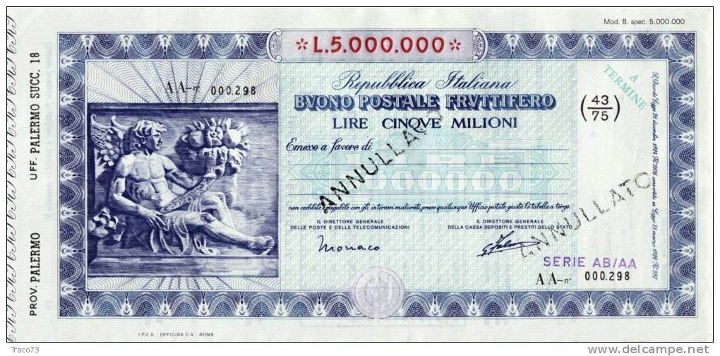 BUONO POSTALE FRUTTIFERO /  LIRE 5.000.000 -  Sovrastampato Serie AB/AA - Frazionario 43/75  _ Annullato - Altri & Non Classificati