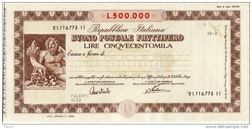 BUONO POSTALE FRUTTIFERO /  LIRE 500.000 CON MATRICE - Frazionario 43/3 - Altri & Non Classificati