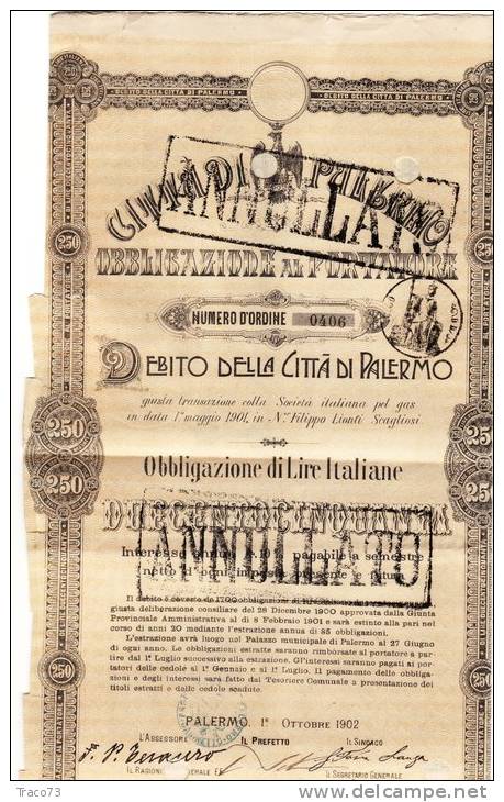 PALERMO 1902 /  Debito Della Città Di Palermo - Obbligazione Al Portatore Da Lire 250 - Electricidad & Gas