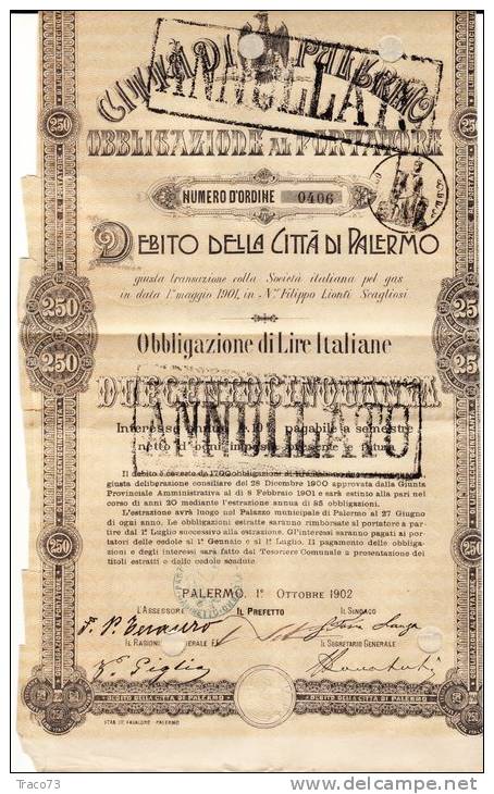 PALERMO 1902 /  Debito Della Città Di Palermo - Obbligazione Al Portatore Da Lire 250 - Electricité & Gaz