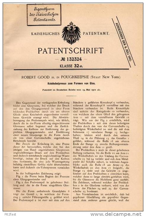 Original Patentschrift - R. Good In Poughkeepsie , New York , 1901 , Lever Press For Glass !!! - Tools