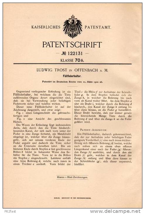 Original Patentschrift - L. Trost In Offenbach A.M., 1900 , Füllfederhalter , Füller , Pelikan , Faber !!! - Schreibgerät