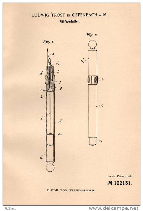 Original Patentschrift - L. Trost In Offenbach A.M., 1900 , Füllfederhalter , Füller , Pelikan , Faber !!! - Schreibgerät