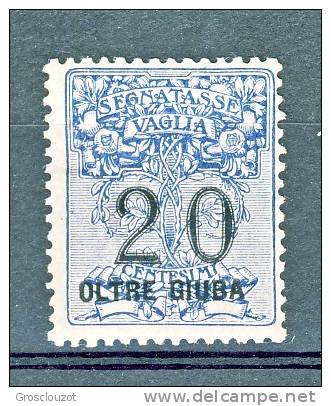 Oltre Giuba 1925 SS. 11 Segnatasse Per Vaglia D'Italia Soprastampati N. 1 C. 20 Azzurro MNH Cat. € 240 - Oltre Giuba