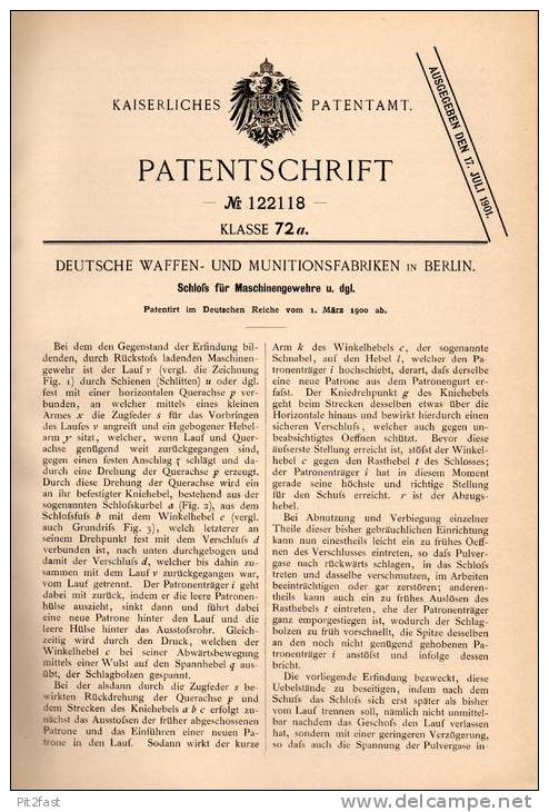 Original Patentschrift - Deutsche Waffen Und Munitionsanstalt In Berlin ,1900, Schloß Für Maschinengewehr , Gewehr , MG - Ausrüstung