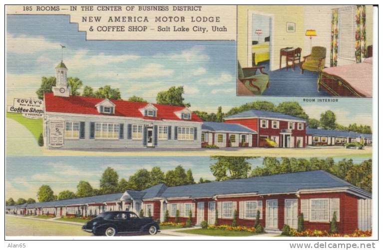 Salt Lake City UT Utah, New America Motor Lodge Motel Coffee Shop, C1940s Vintage Curteich Linen Postcard - Salt Lake City