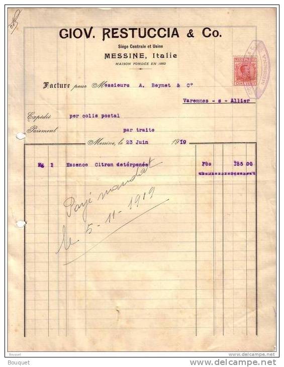 ITALIE - MESSINE - GIOV. RESTUCCIA & CO - FACTURE + MANDAT - 1919 - Italie