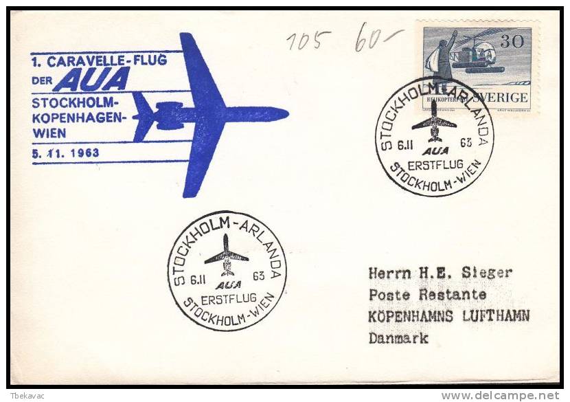 Sweden 1963, Airmail Cover, First Flight  Stockholm - Wien - Lettres & Documents