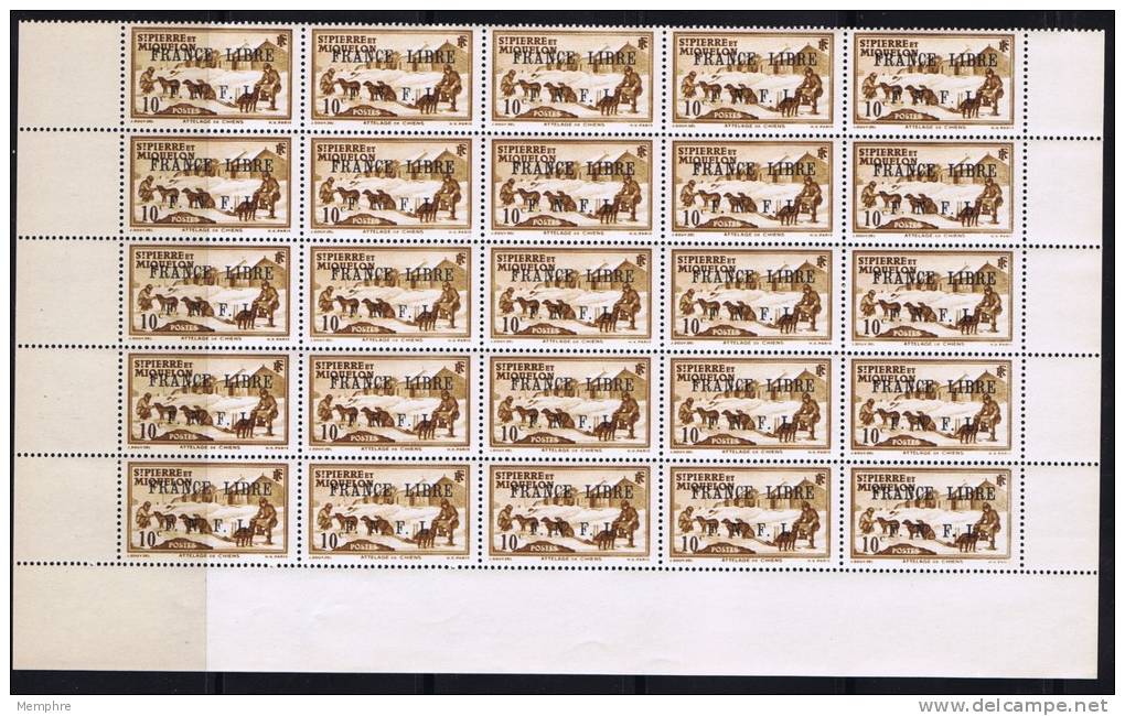 Feuille Complète De La Surcharge «FRANCE LIBRE  / F.N.F.L.» Sur 10c.  Attelage De Chiens Yv 250 ** - Unused Stamps