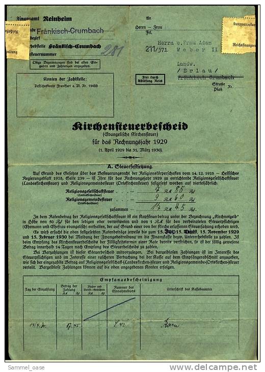 1929  Kirchensteuerbescheid  -  Finanzamt Reinheim / Fränkisch-Crumbach ( Odenwald ) - Historical Documents