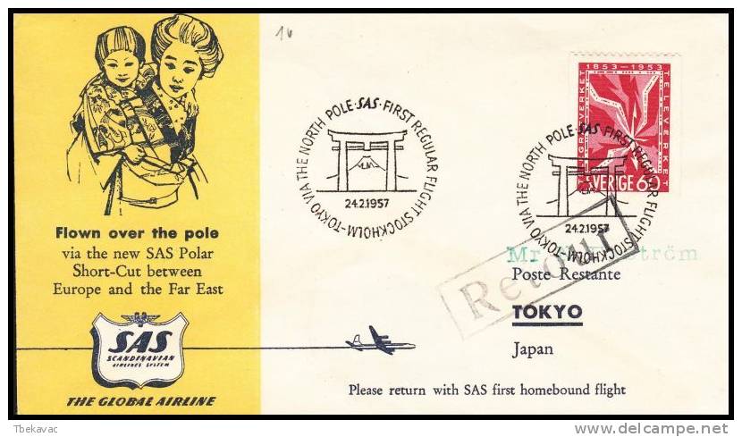Sweden 1957, Airmail Cover Stockholm To Tokio Via North Pole - Brieven En Documenten