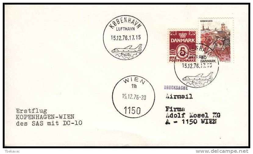 Denmark 1976, Airmail Cover Kopenhagen To Wien, First Flight - Poste Aérienne