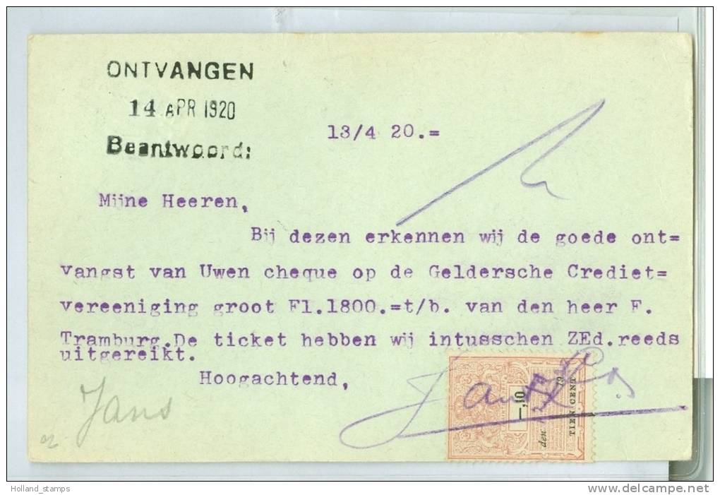 KWITANTIE FISCAAL ZEGEL * Op HANDGESCHREVEN BRIEFKAART Uit 1920 Van AMERSFOORT Naar AMSTERDAM NVPH Nr. 60  (7489) - Revenue Stamps