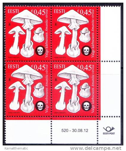 Estonia 2012 MNH Corner Blk Rt L, Mushrooms, Skull, Amanita Virus, Kills Human, European Destroying Angel - Pilze