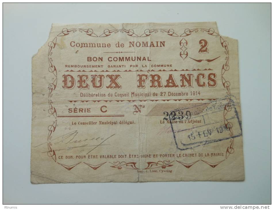 Nord 59 Nomain , 1ère Guerre Mondiale 2 Francs 27-12-1914 R1 , Le Dernier De Cette Commune - Notgeld