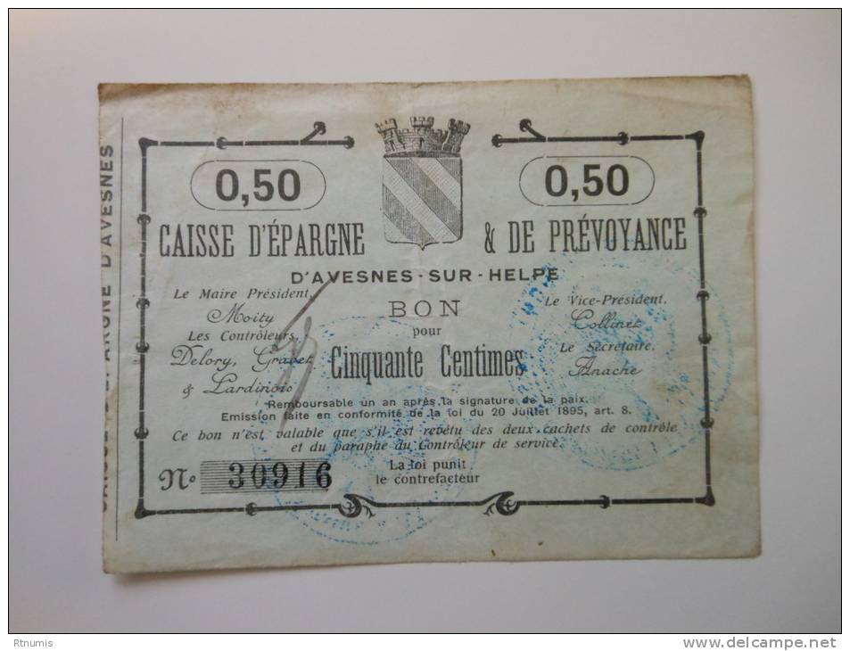 Nord 59 Avesnes-sur-Helpe , 1ère Guerre Mondiale 50 Centimes R1 , Le Dernier De Cette Commune - Bons & Nécessité