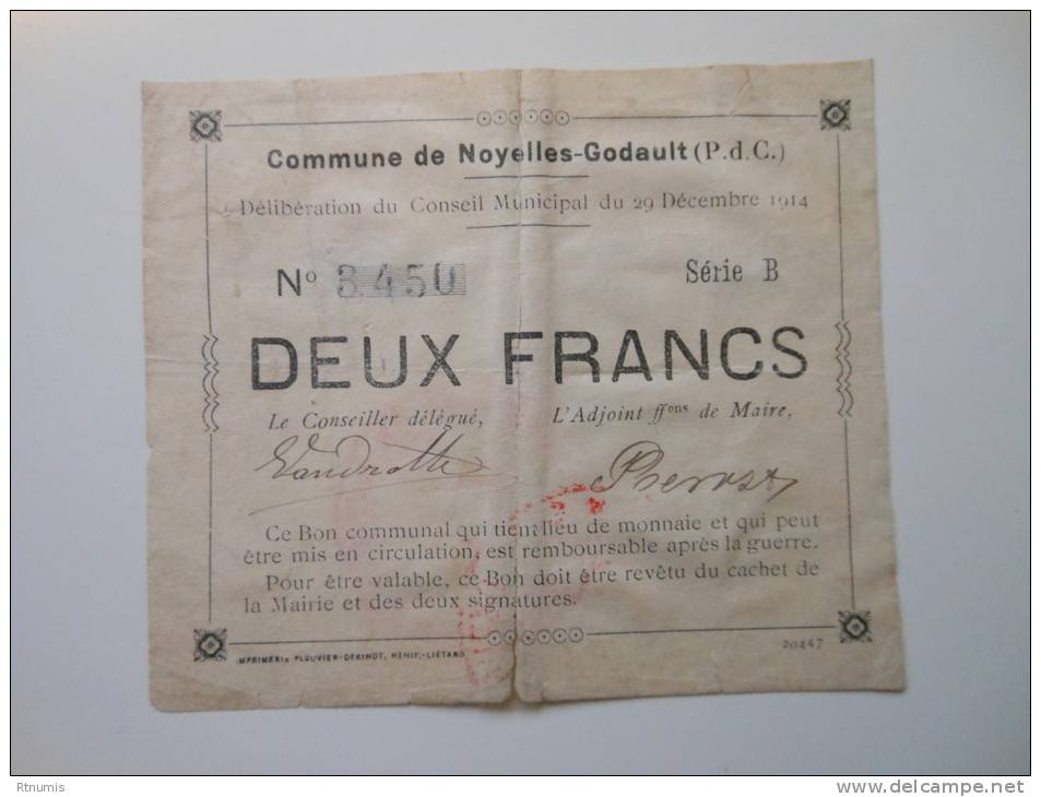 Pas-de-Calais 62 Noyelles-Godault , 1ère Guerre Mondiale 2 Francs 29-12-1914 R2 ! , Le Dernier De Cette Commune - Bons & Nécessité