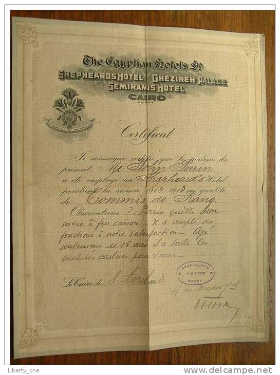 JOHN PERRIN CERTIFICAT Of SHEPHEARDS HOTEL - GHEZIREH PALACE - SEMIRAMIS / CAIRO / Anno 1913 ( Details Zie Foto ) ! - Diplômes & Bulletins Scolaires