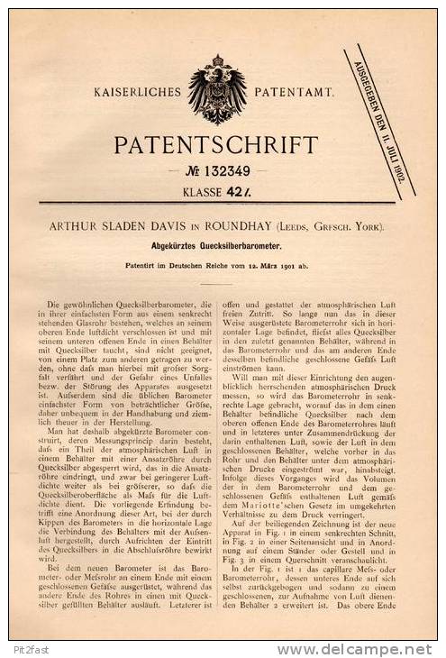 Original Patentschrift - A. Davis In Roundhay , Leeds , 1901 , Mercury - Barometer !!! - Technics & Instruments