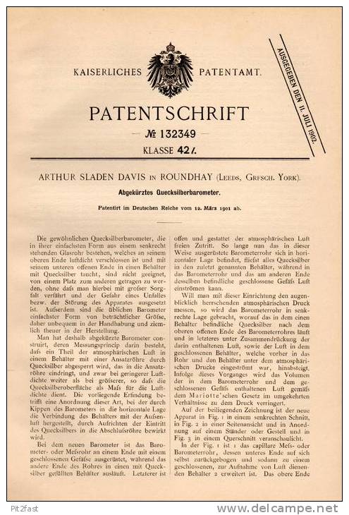 Original Patentschrift - A. Davis In Roundhay , Leeds , 1901 , Mercury - Barometer !!! - Technique Nautique & Instruments