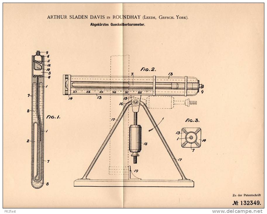 Original Patentschrift - A. Davis In Roundhay , Leeds , 1901 , Mercury - Barometer !!! - Technics & Instruments