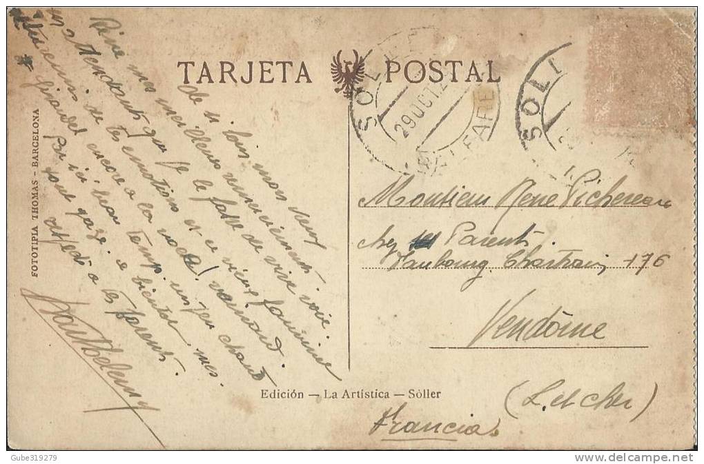 SPAIN 1929 – MALLORCA ISLAND – SOLLER – CONVENT CLAUSTER (claustro) ADDR TOFRANCE   MISSING STAMP  POSTM OCT 29. 1929  R - Andere & Zonder Classificatie