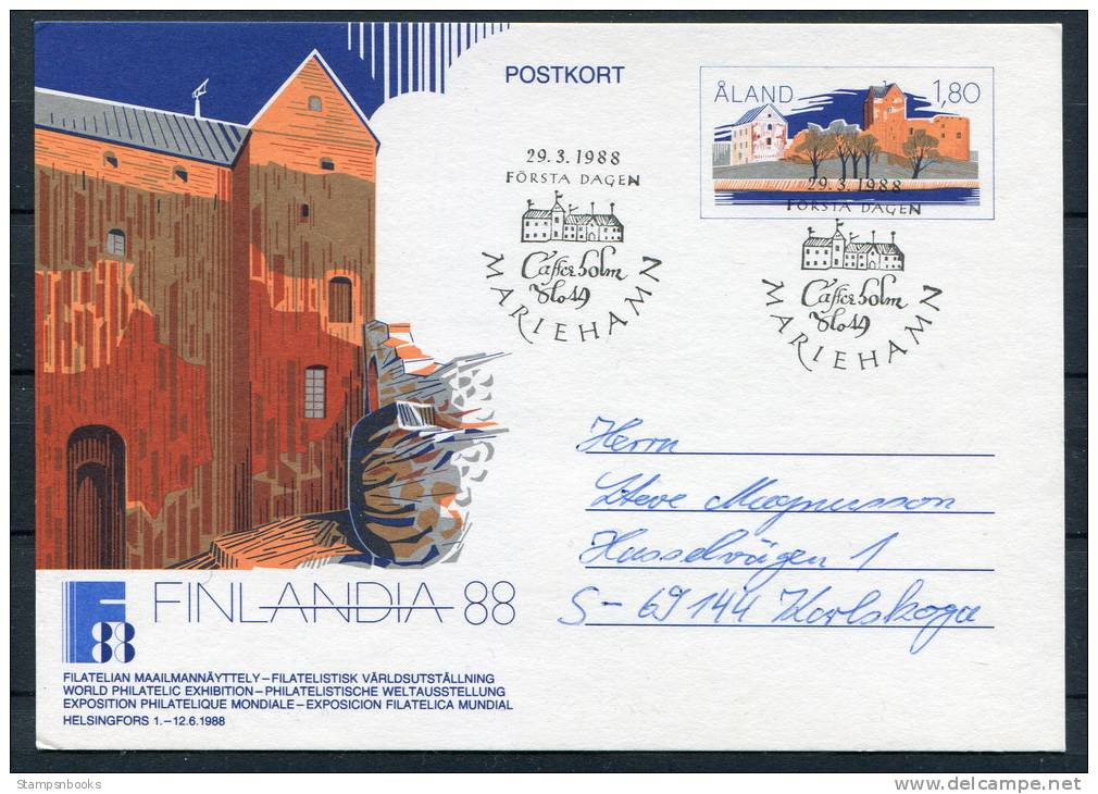 1988 Aland Mariehamn Finlandia Castle Stationery Postcard First Day - Ålandinseln