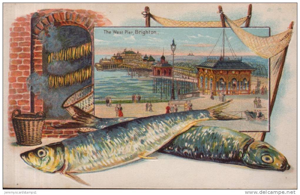 Old Postcard : "The West Pier, Brighton" With Fish. In Chromo-litho With Embossing, Early 1900's - Brighton